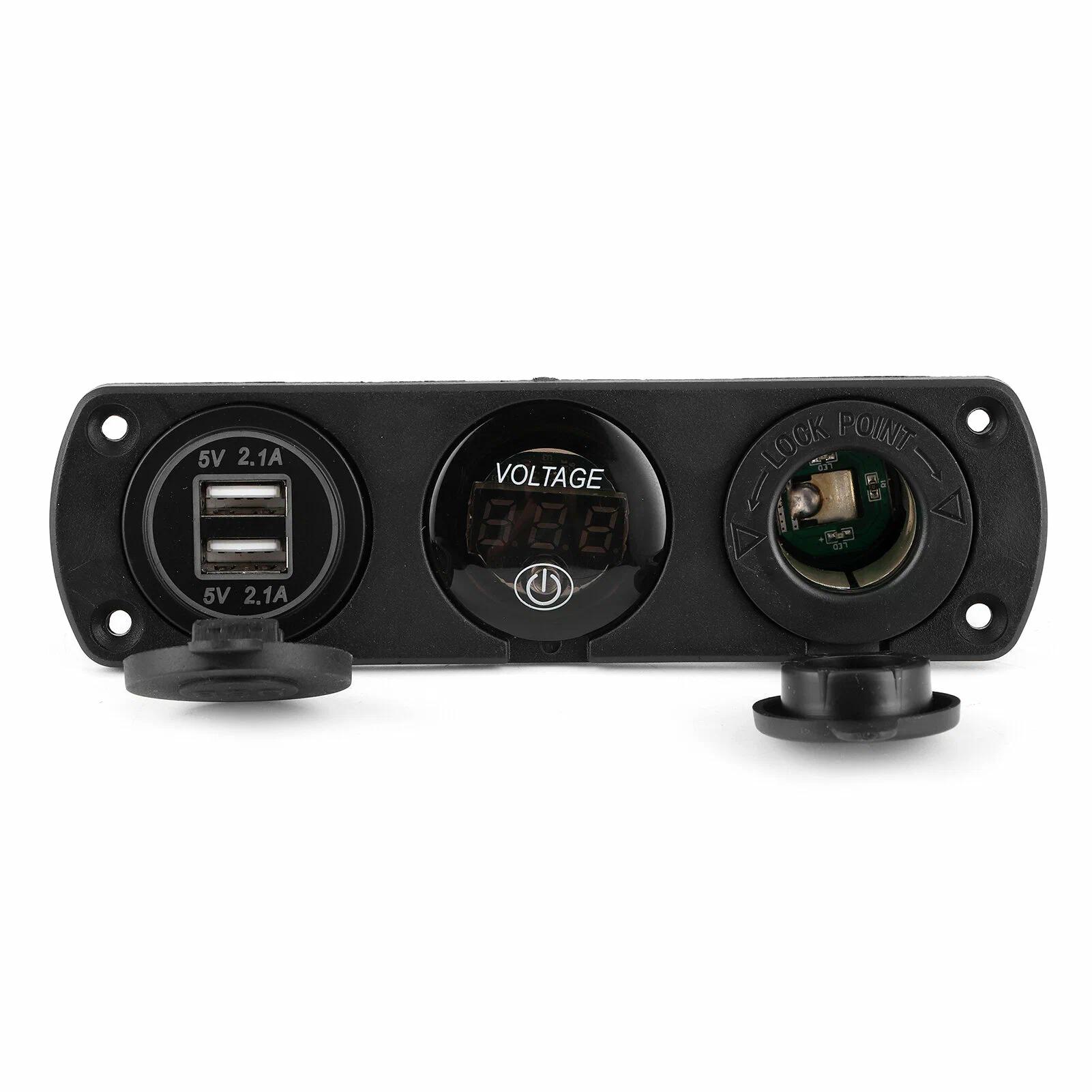 Пластиковая панель для монтажа тройная   с двумя портами USB 1A, 2.1А, вольтметром и прикуриватель