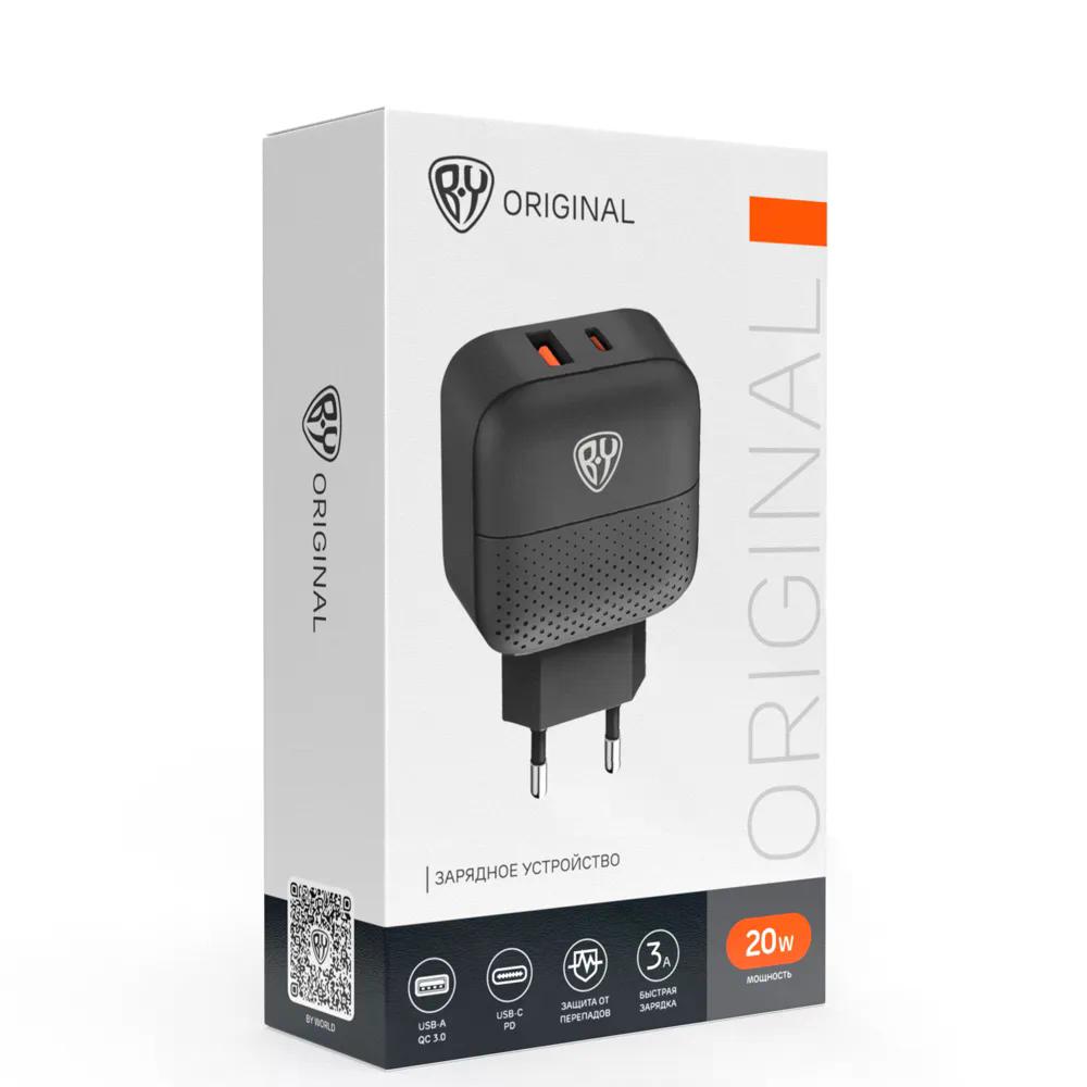 СЗУ 220В, Модерн, Быстрая зарядка QC3.0+TYPE-C PD, 20 Вт, черный, BY